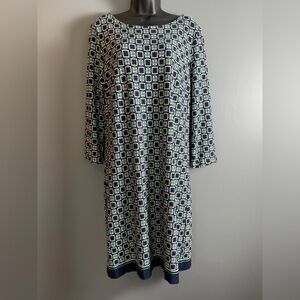Talbots Blue Green Geometric‎ Stretch Knit Shift Dress Women’s Size 16